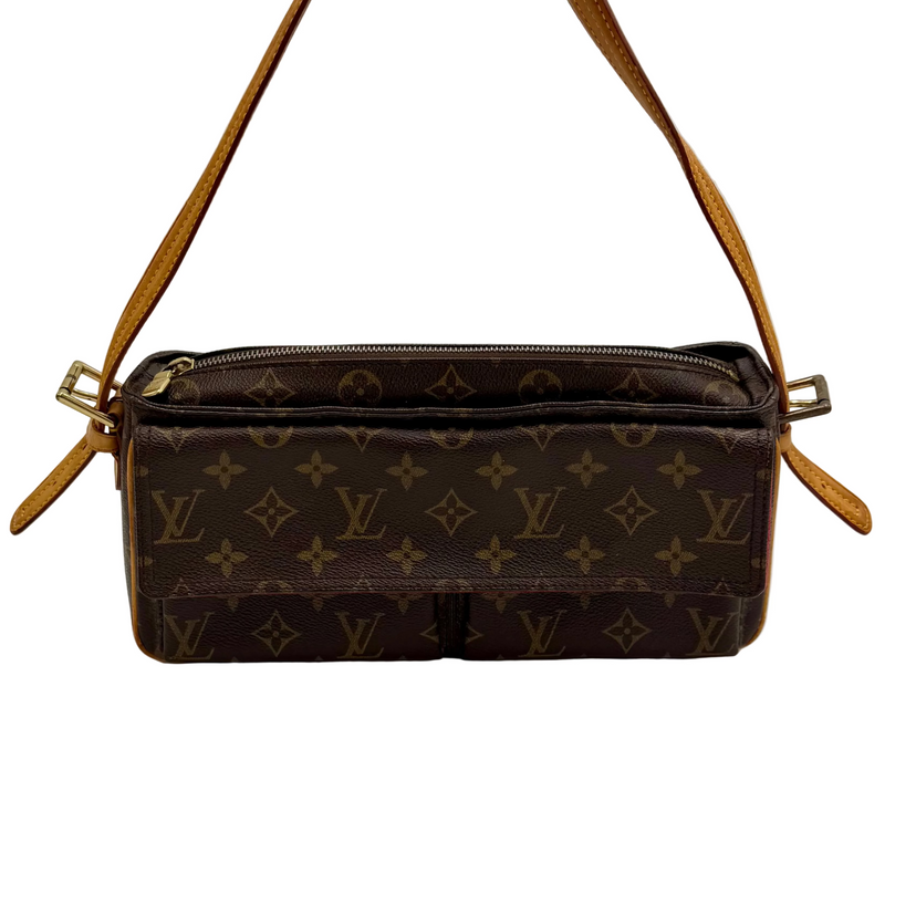 Louis Vuitton Viva Cité MM i Monogram canvas med vachetta-skulderrem, set forfra