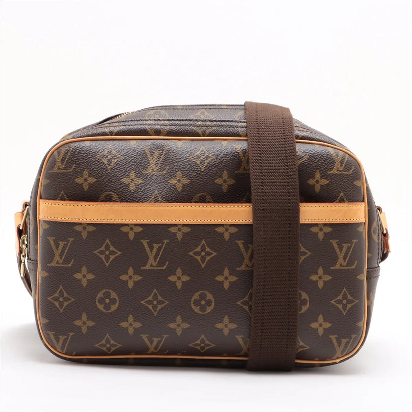 Louis Vuitton Reporter PM i Monogram canvas med brun stofskulderrem, set forfra