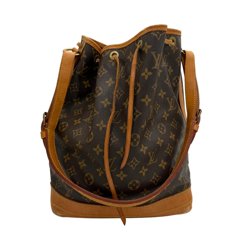 Louis Vuitton Noé i Monogram canvas med snørelukning og vachetta-læderbund, set forfra