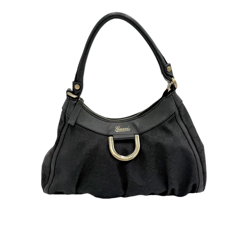 Gucci Abbey D-Ring hobo i sort GG canvas med læderhank, set forfra